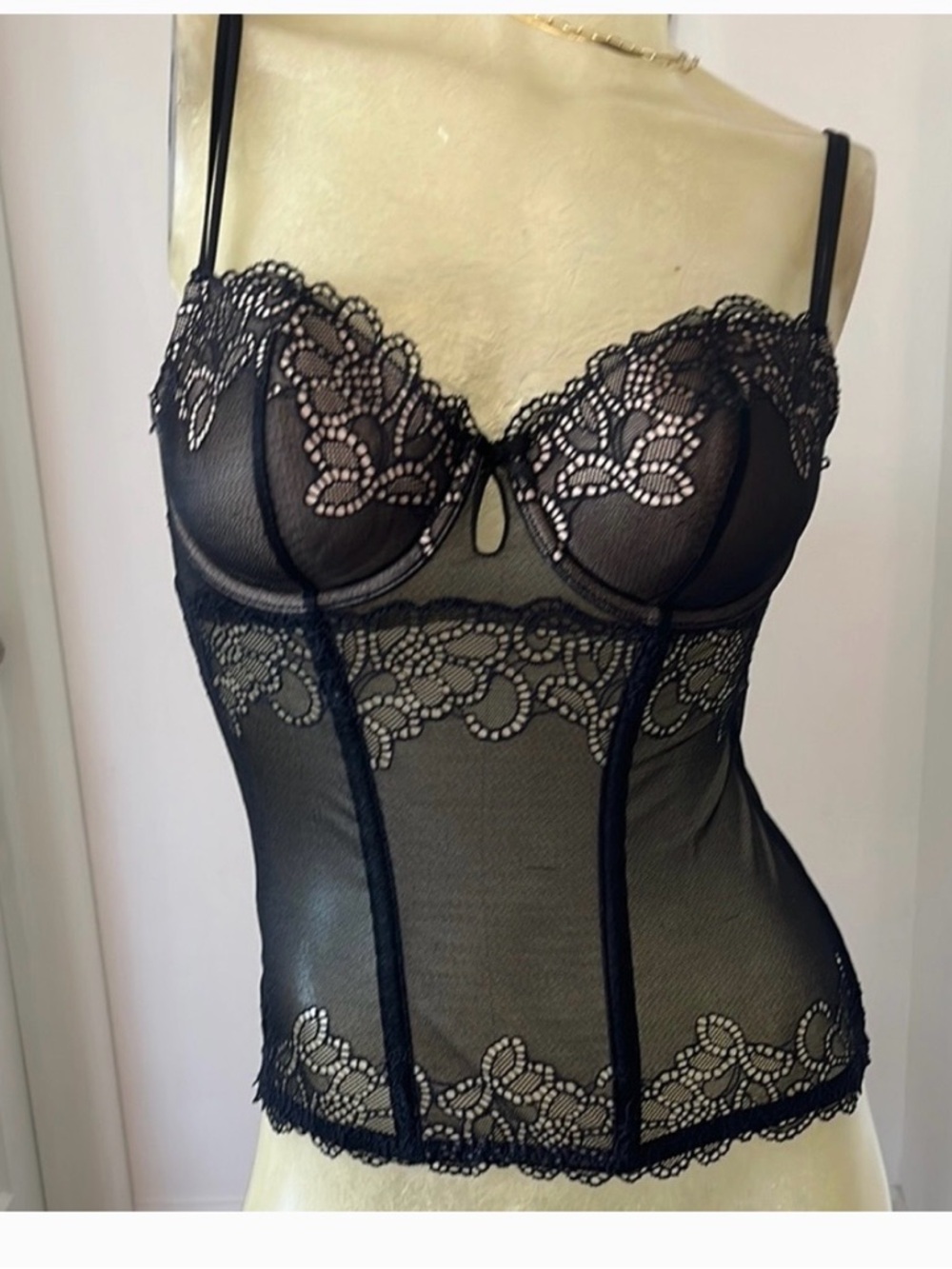 Black Lace Underwire Bustier Camisole - Sheer Lace Detail